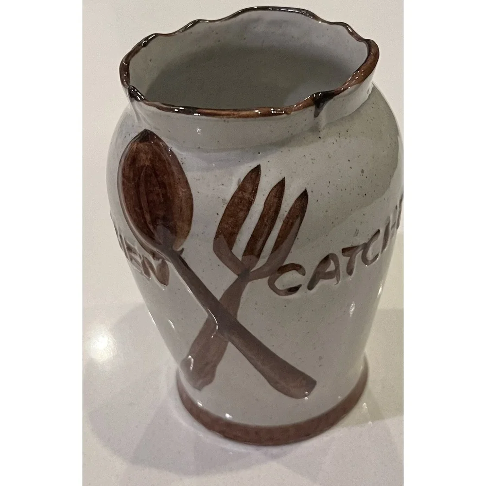 Vtg 1970s Kitchen Catcher Utensil Holder Pot Studio Stoneware